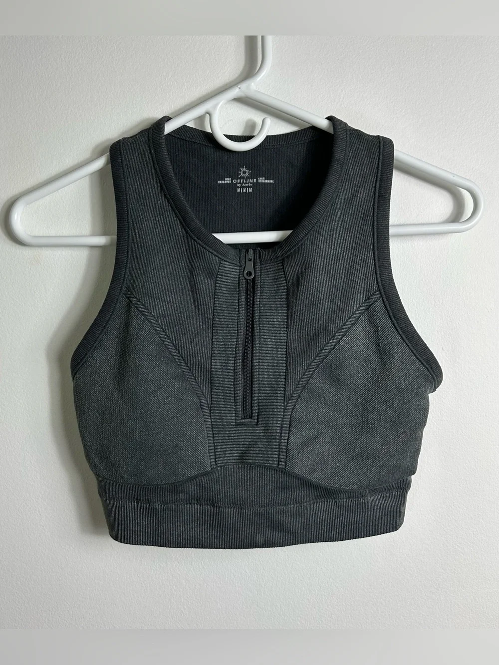 OFFLINE by Aerie Seamless Zip Front Sports Bra, Charcoal, Women’s Medium